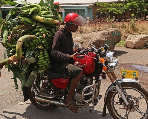 Un motociclista che trasporta banane verdi da cucina a Mto Wa Mbu - vedrete la cultura locale e la vita del villaggio durante il vostro Safari economico in Tanzania di 10 giorni
