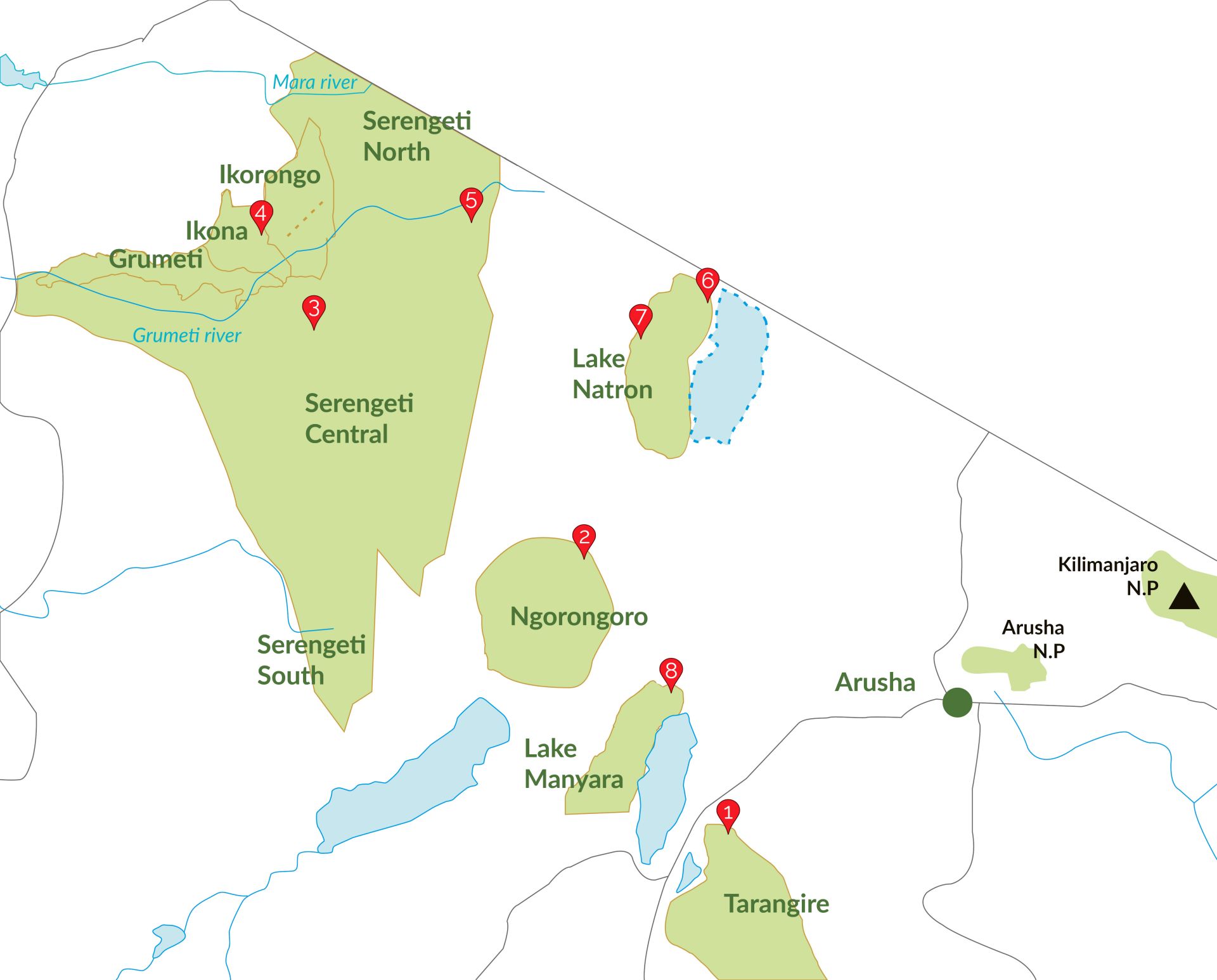 8 giorni di safari in Tanzania mappa